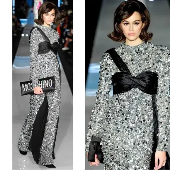 MOSCHINO COUTURE Sequin Embellished Metal Plaque Silk Bustier Jumpsuit Size 10 - Picture 1 of 16